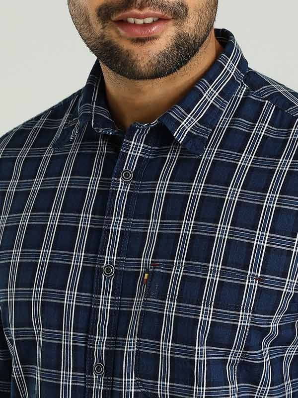 Indian Terrain Men's Slim Fit Full Sleeve Checkered Dark Blue Shirt